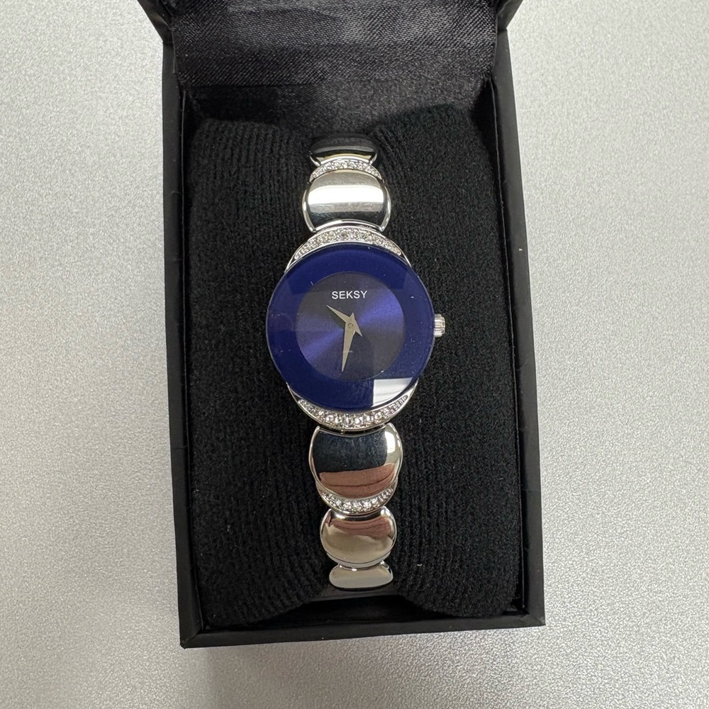 Sleek Blue and Silver Watch with Unique Band Design